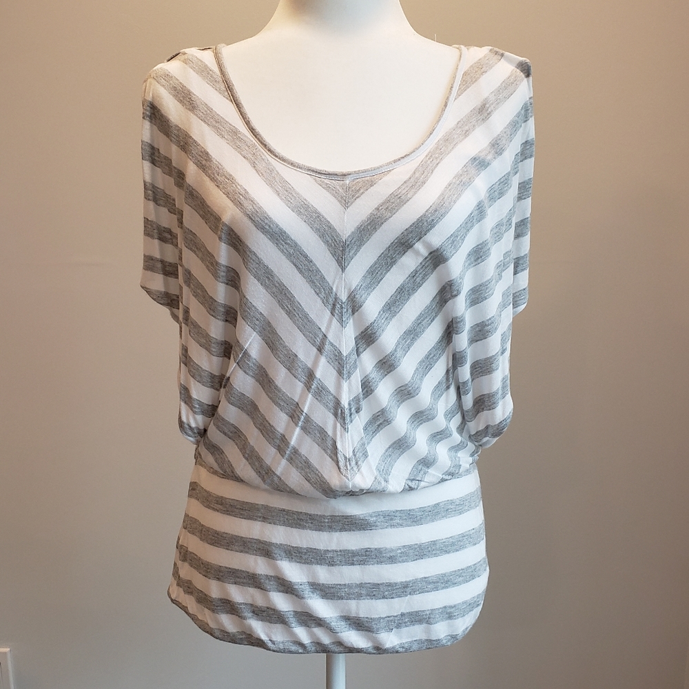 WHBM split sleeve striped top small gray & white